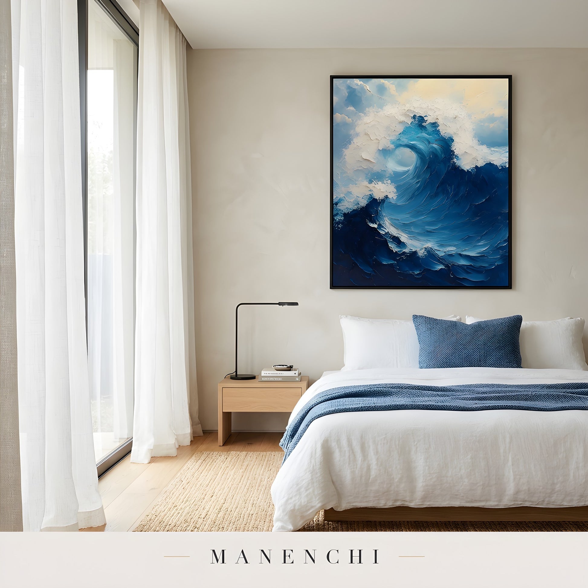 Marine Kinetic Turbulence abstract painting displayed in serene modern bedroom