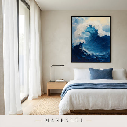 Marine Kinetic Turbulence abstract painting displayed in serene modern bedroom