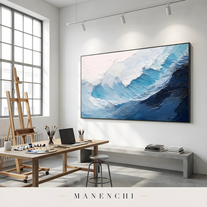 Marine Sculpted Crest abstract painting displayed in art studio workspace