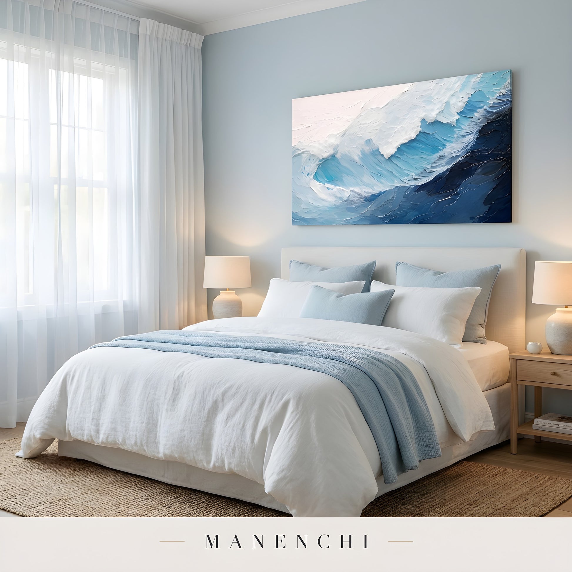 Marine Sculpted Crest abstract painting displayed in cozy bedroom interior