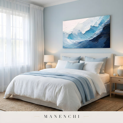 Marine Sculpted Crest abstract painting displayed in cozy bedroom interior