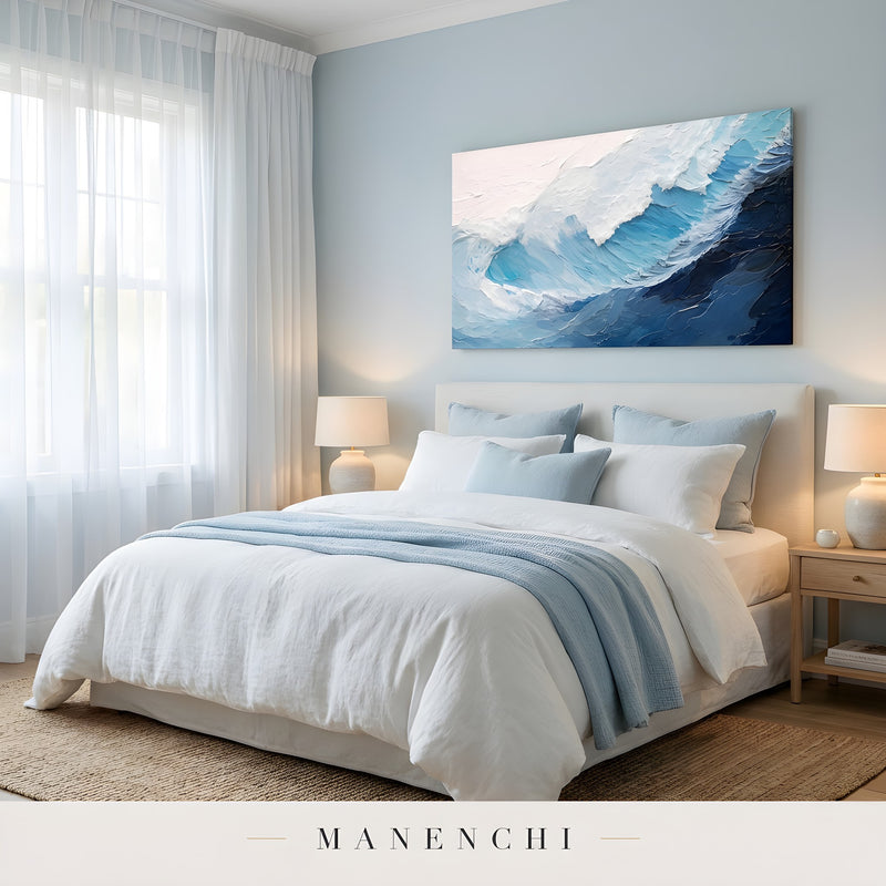 Marine Sculpted Crest abstract painting displayed in cozy bedroom interior