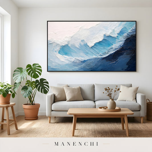 Marine Sculpted Crest abstract painting displayed in living room sofa