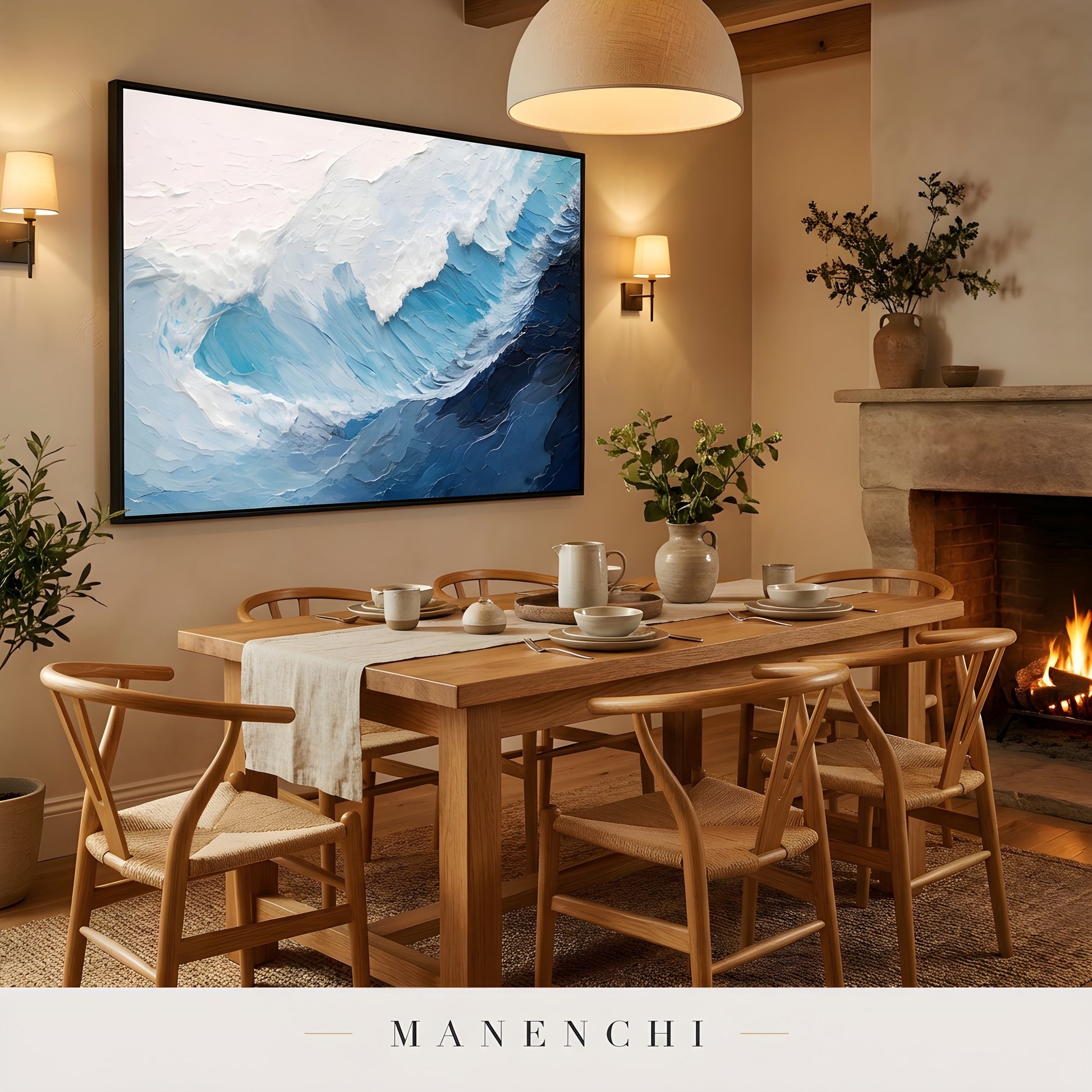 Marine Sculpted Crest abstract painting displayed in modern dining room