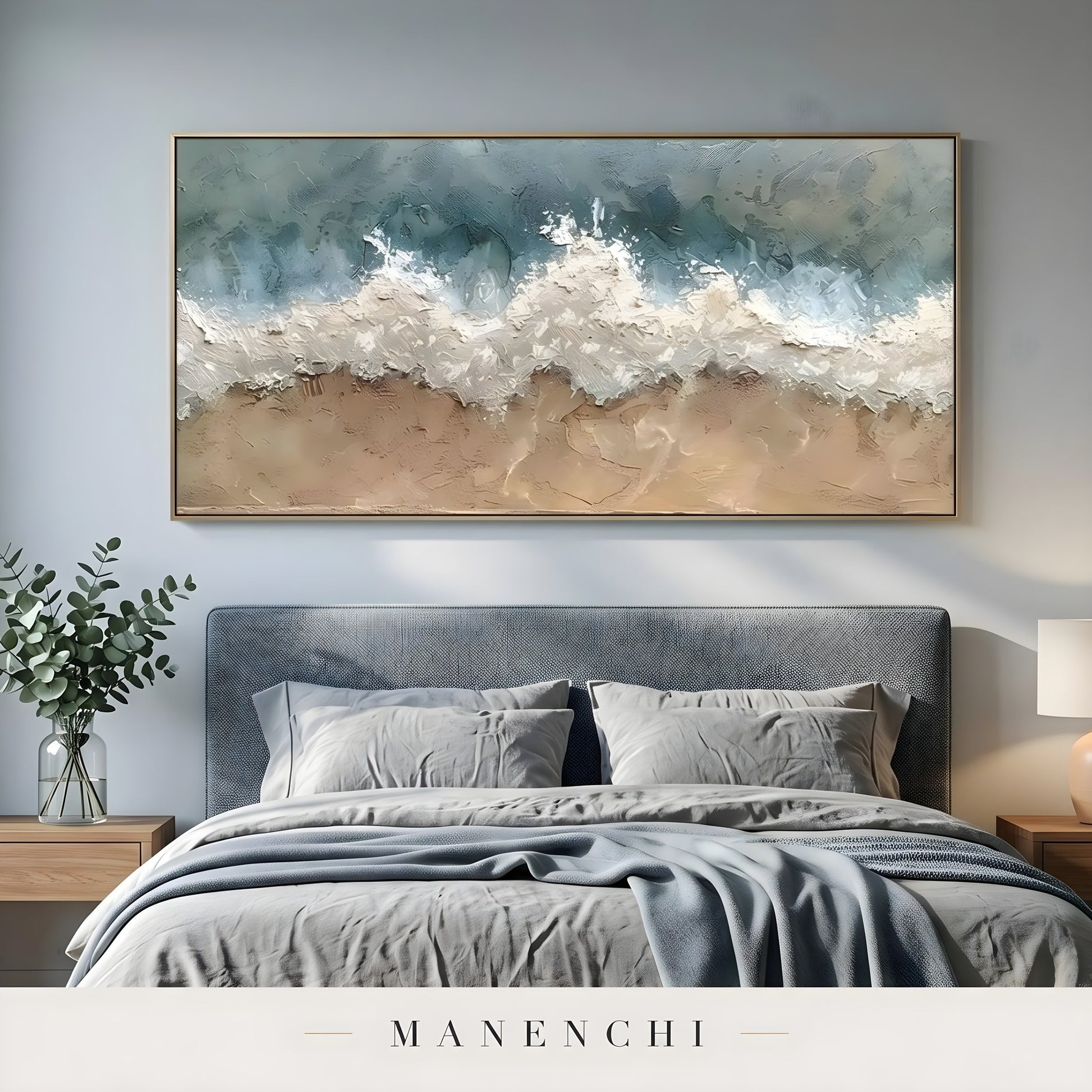 Marine Shoreline Impasto abstract painting displayed in bedroom