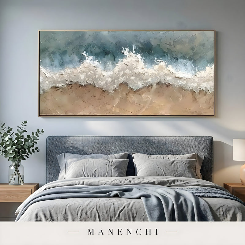 Marine Shoreline Impasto abstract painting displayed in bedroom