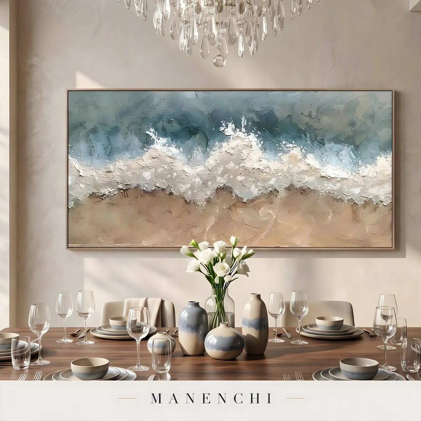 Marine Shoreline Impasto abstract painting displayed in dining room