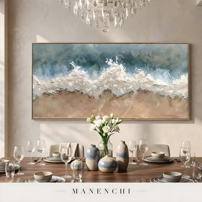 Marine Shoreline Impasto abstract painting displayed in dining room