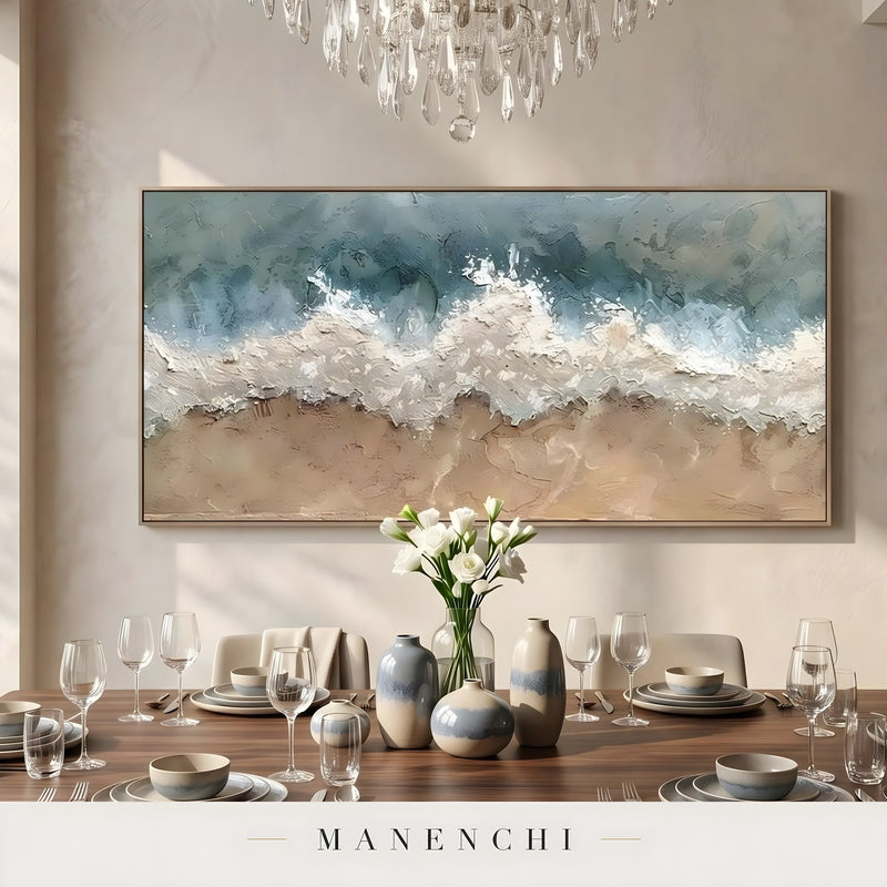 Marine Shoreline Impasto abstract painting displayed in dining room