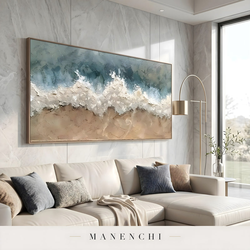 Marine Shoreline Impasto abstract painting displayed in living room