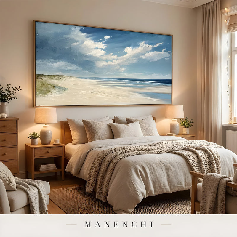 Maritime Dune Horizon abstract painting displayed in cozy master bedroom interior