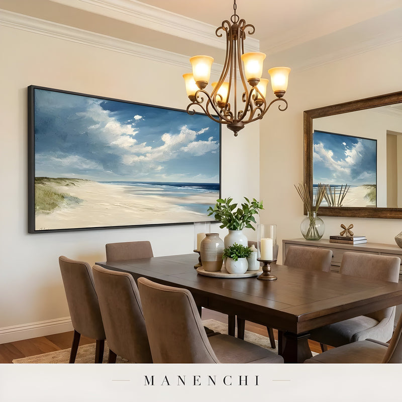 Maritime Dune Horizon abstract painting displayed in dining room table chandelier