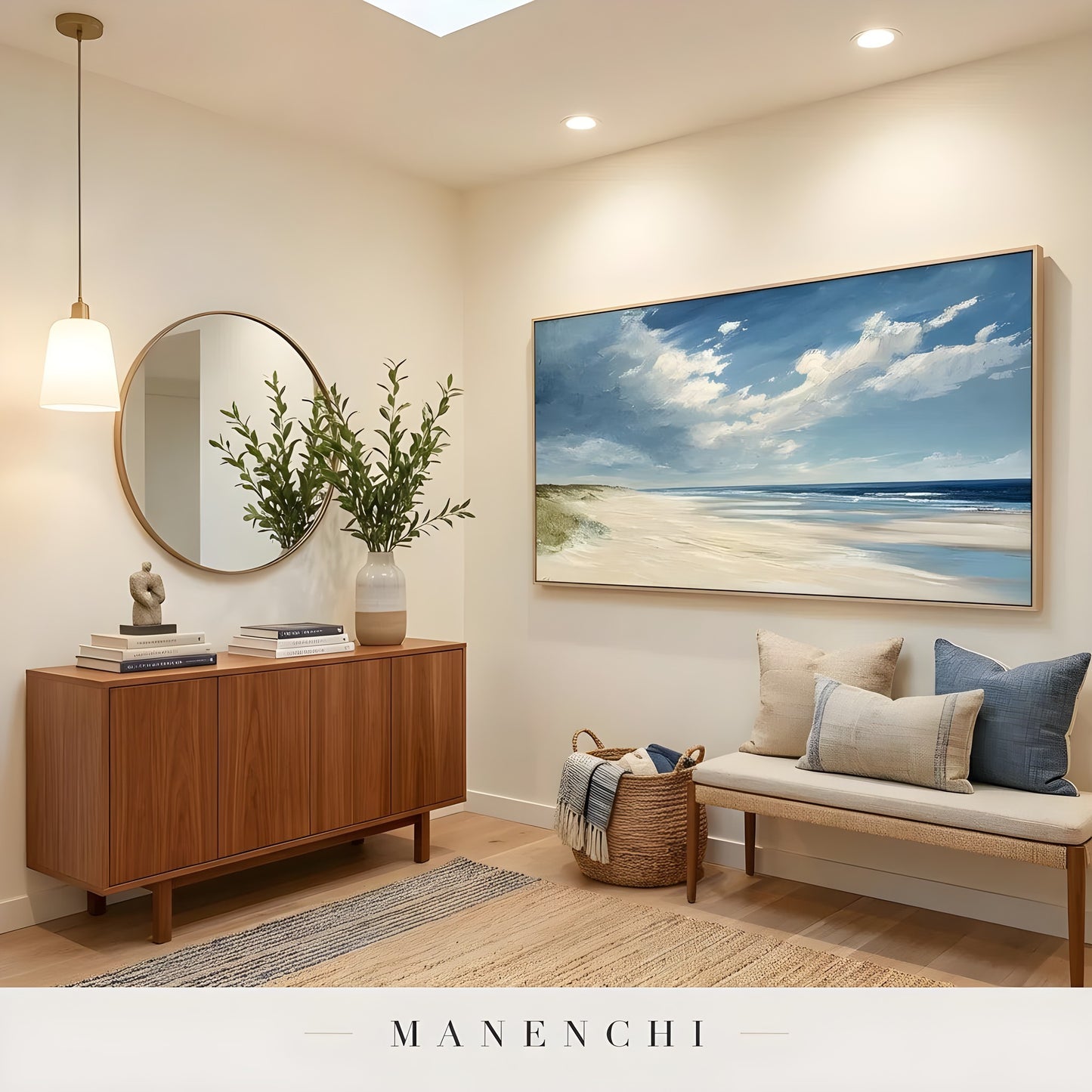 Maritime Dune Horizon abstract painting displayed in entryway console table mirror