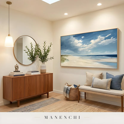 Maritime Dune Horizon abstract painting displayed in entryway console table mirror