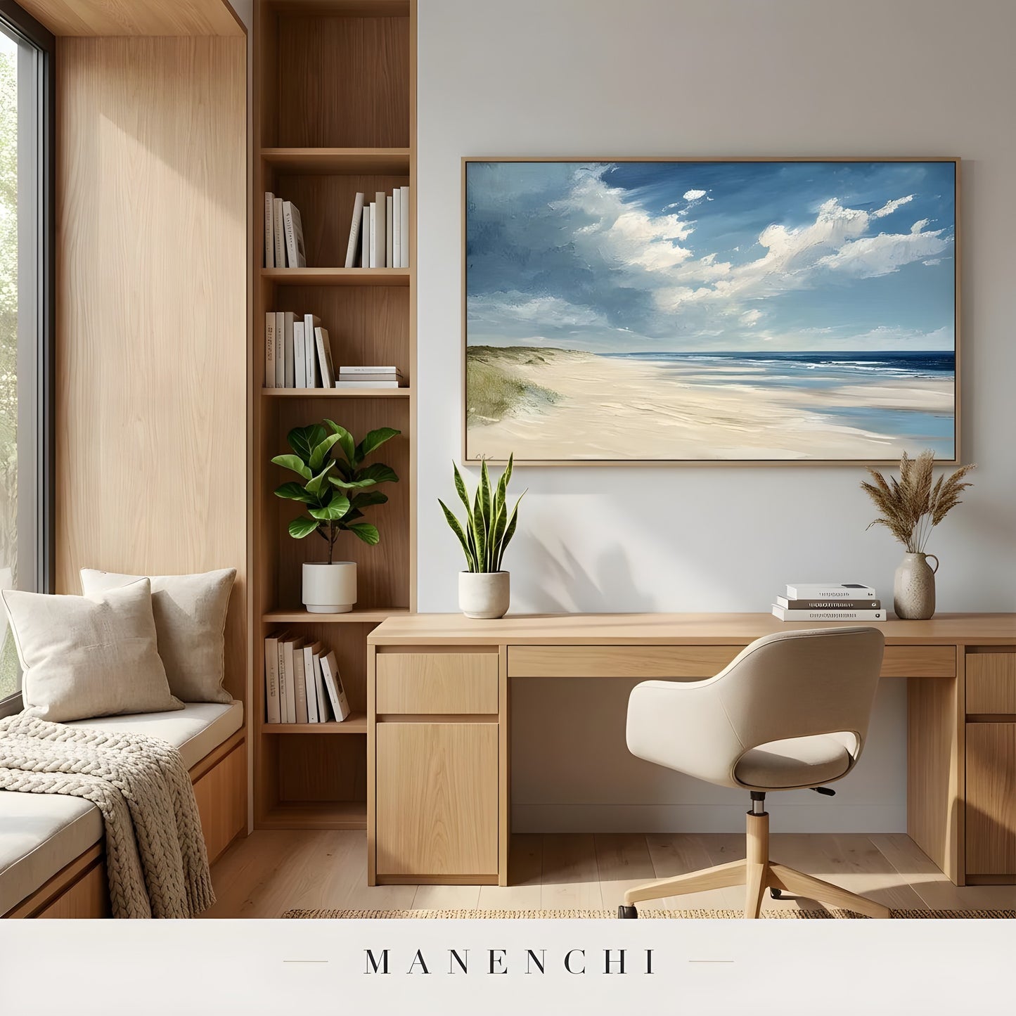 Maritime Dune Horizon abstract painting displayed in home office desk workspace