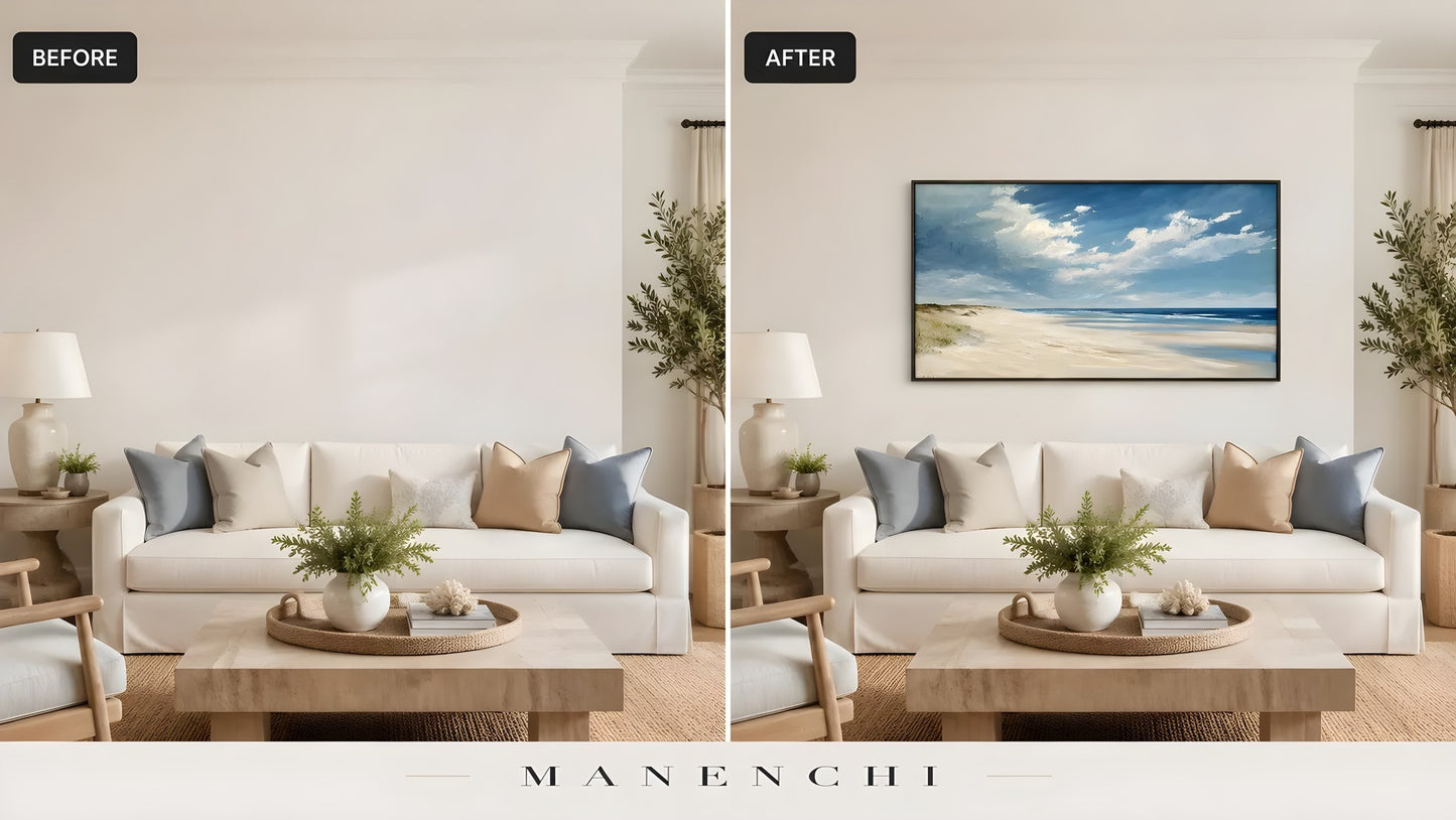 Maritime Dune Horizon original hand-painted abstract painting, before and after in a styled room