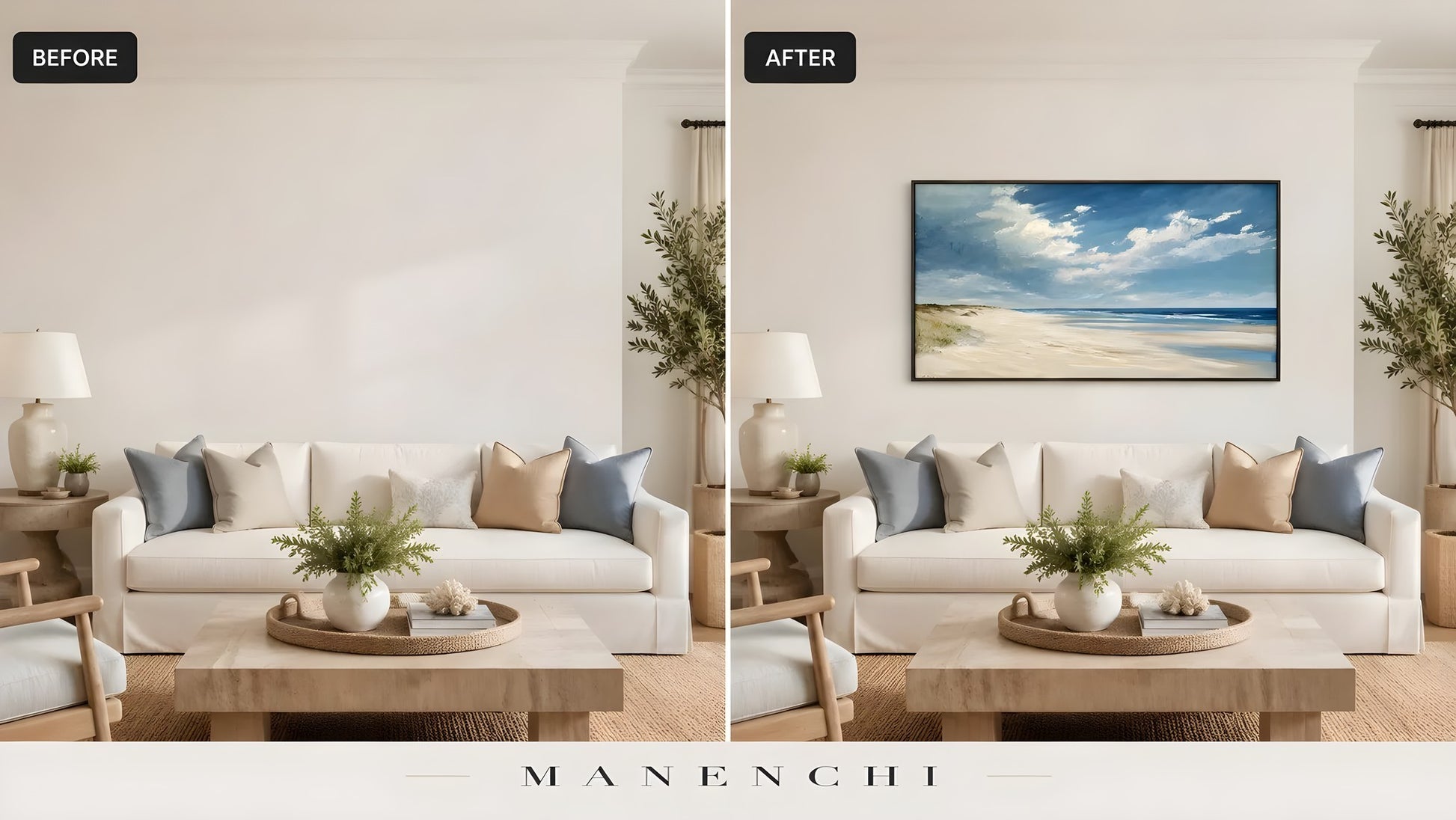Maritime Dune Horizon original hand-painted abstract painting, before and after in a styled room