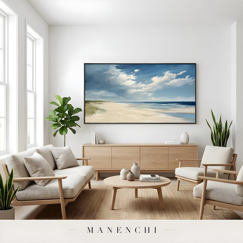 Maritime Dune Horizon abstract painting displayed in living room seating area