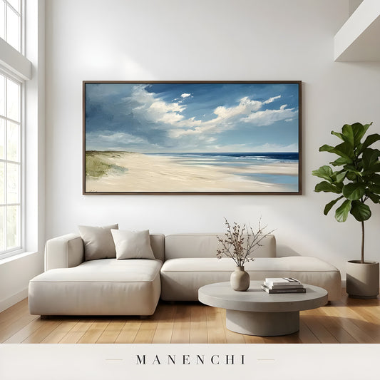 Maritime Dune Horizon abstract painting displayed in modern living room sofa