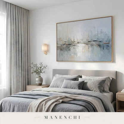 Maritime Morning Mist abstract painting displayed in bedroom interior scene