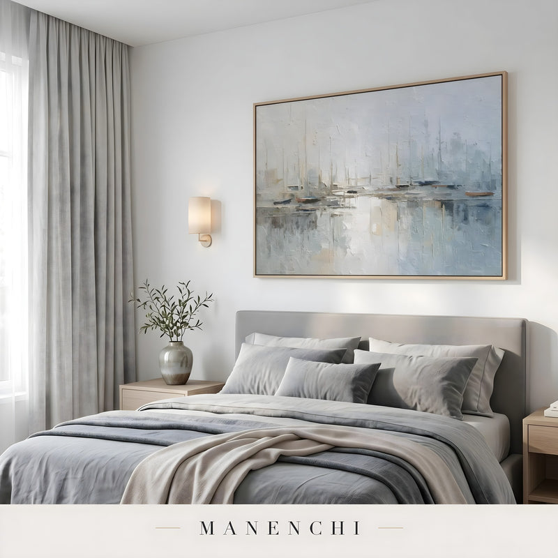 Maritime Morning Mist abstract painting displayed in bedroom interior scene
