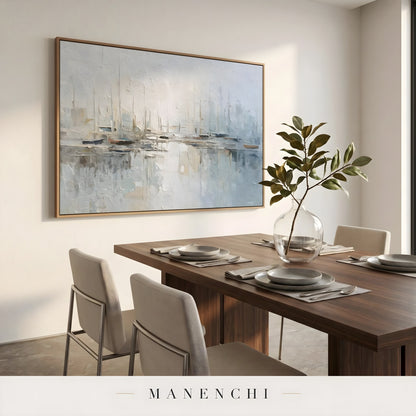 Maritime Morning Mist abstract painting displayed in dining room table