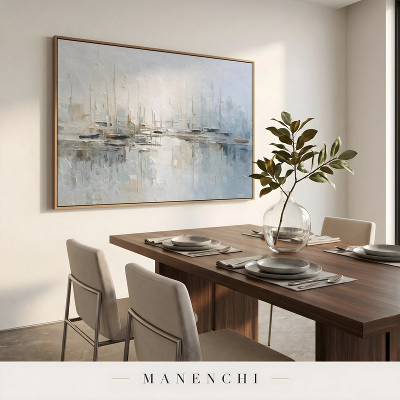 Maritime Morning Mist abstract painting displayed in dining room table