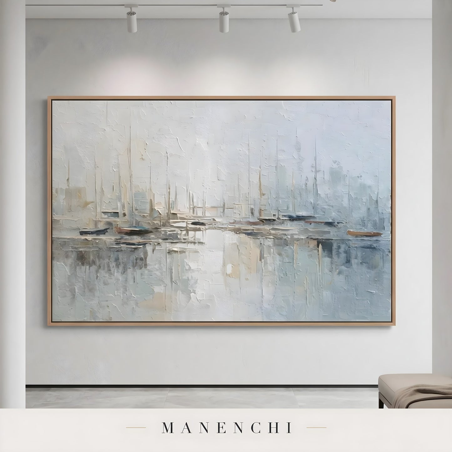 Maritime Morning Mist abstract painting displayed in framed art wall