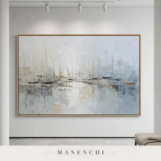 Maritime Morning Mist abstract painting displayed in framed art wall