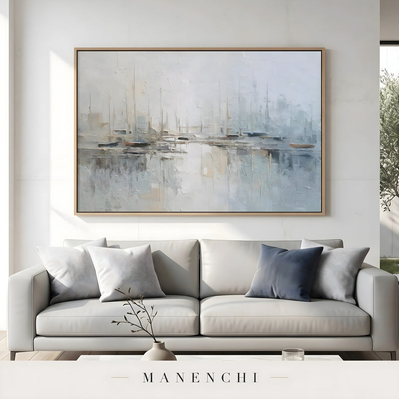 Maritime Morning Mist abstract painting displayed in living room sofa