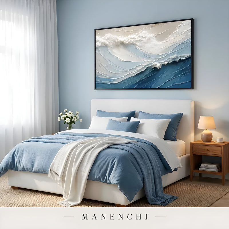 Maritime Sculpted Crest abstract painting displayed in bedroom interior design