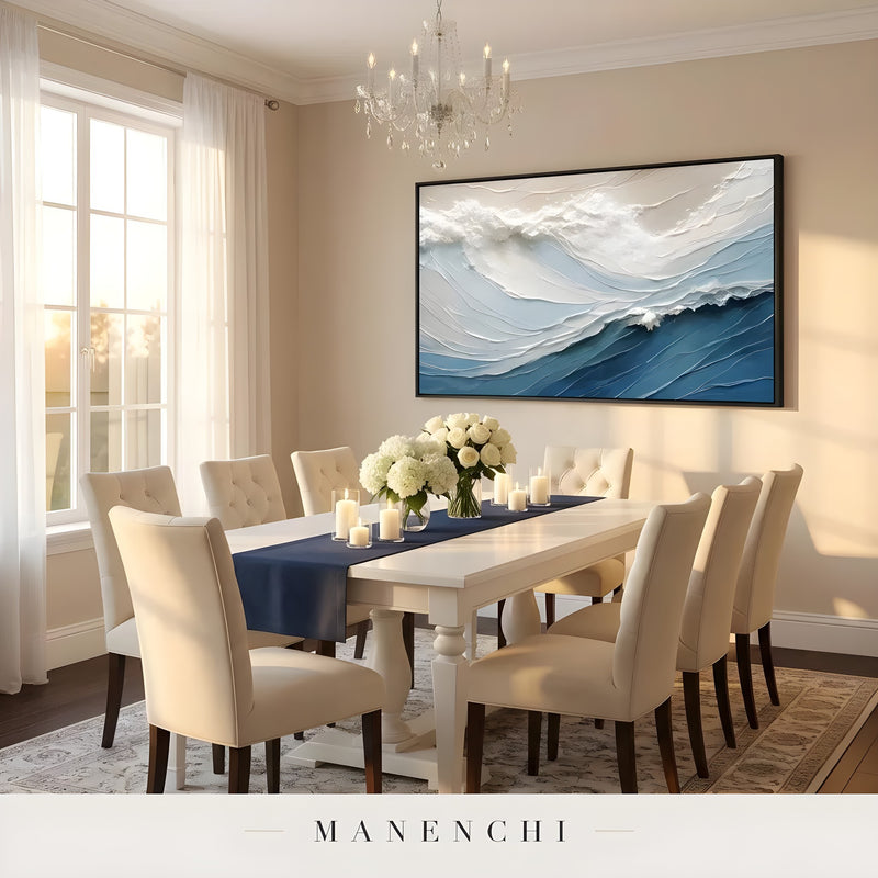 Maritime Sculpted Crest abstract painting displayed in elegant dining room