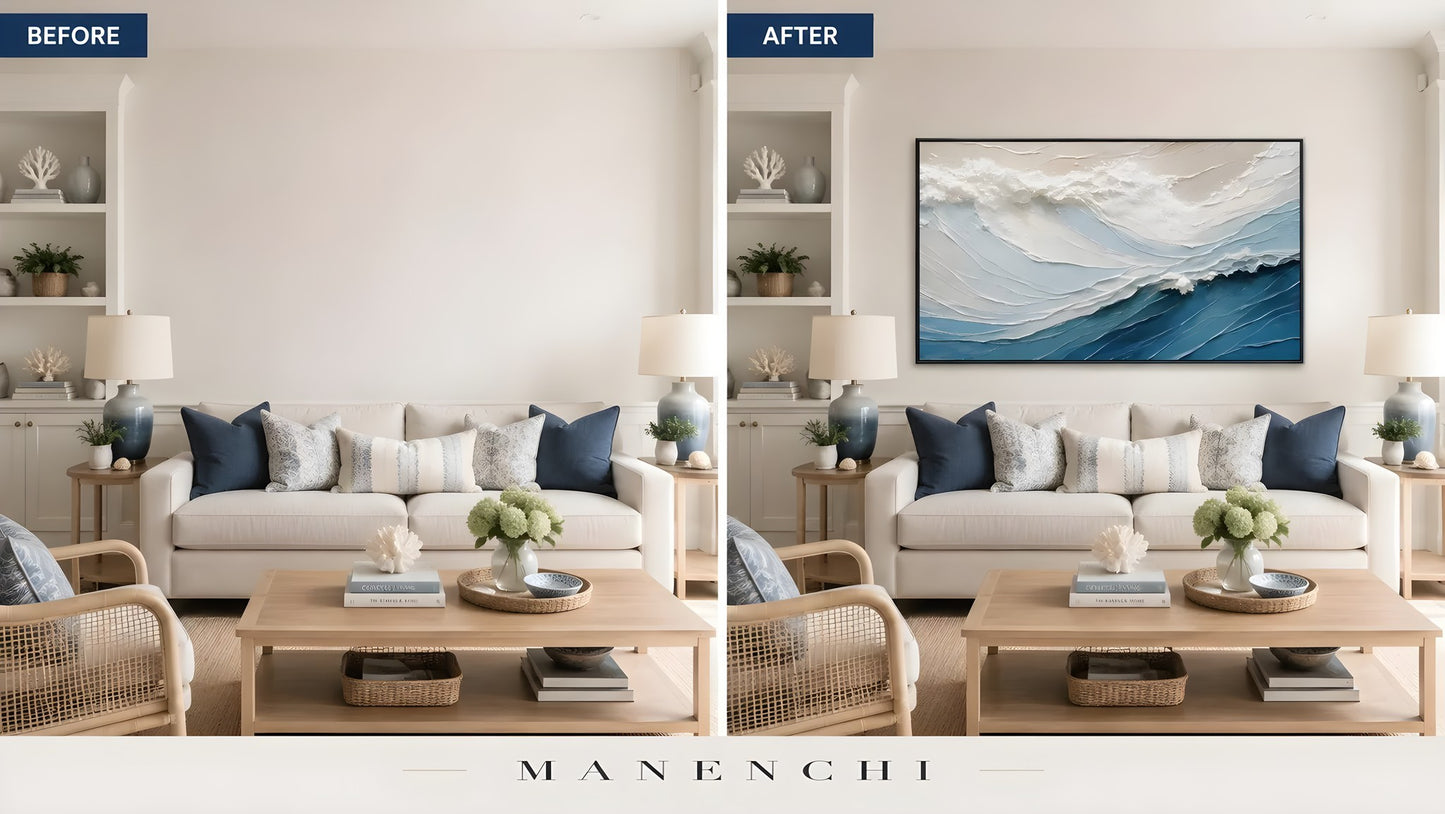 Maritime Sculpted Crest original hand-painted artwork, before and after in a styled room