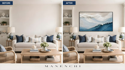 Maritime Sculpted Crest original hand-painted artwork, before and after in a styled room