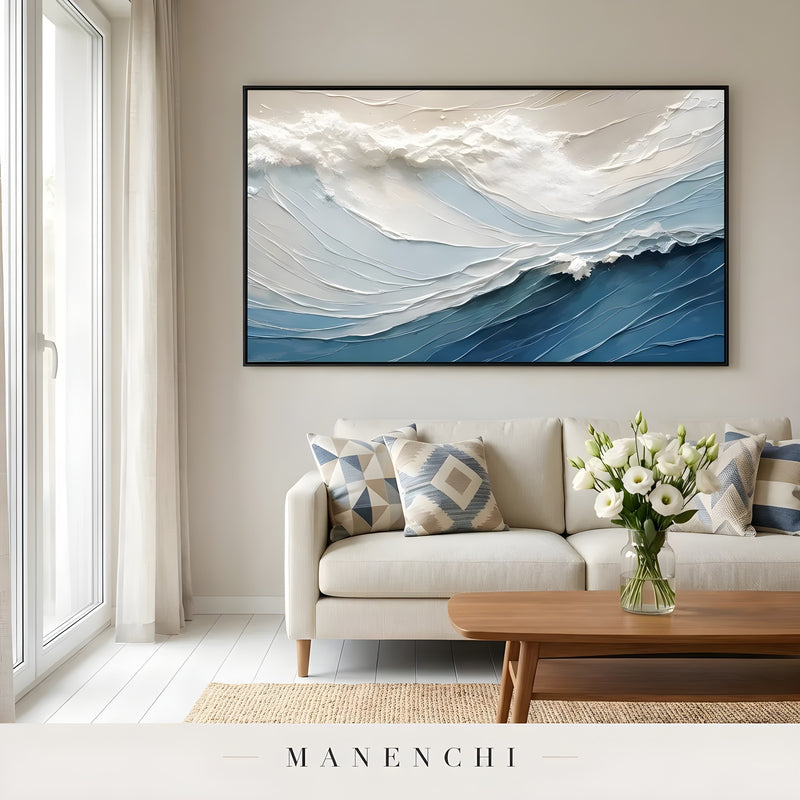 Maritime Sculpted Crest abstract painting displayed in modern living room