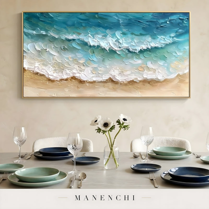 Maritime Shoreline Rhapsody abstract painting displayed in dining room setting