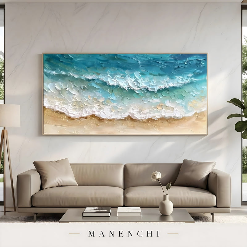 Maritime Shoreline Rhapsody abstract painting displayed in living room sofa