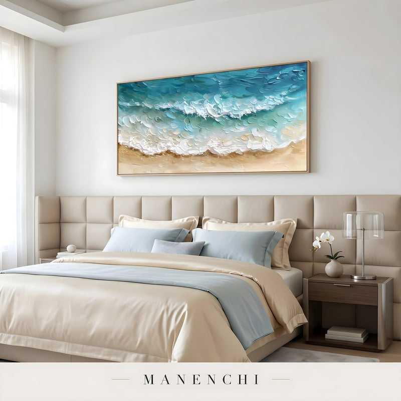 Maritime Shoreline Rhapsody abstract painting displayed in modern bedroom interior