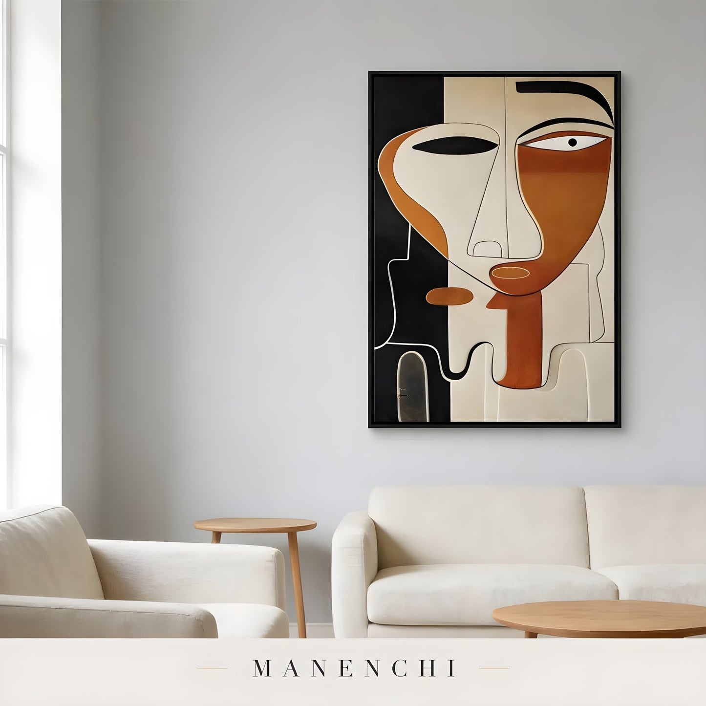 Mid-Century Cubist Persona portrait displayed in living room seating area