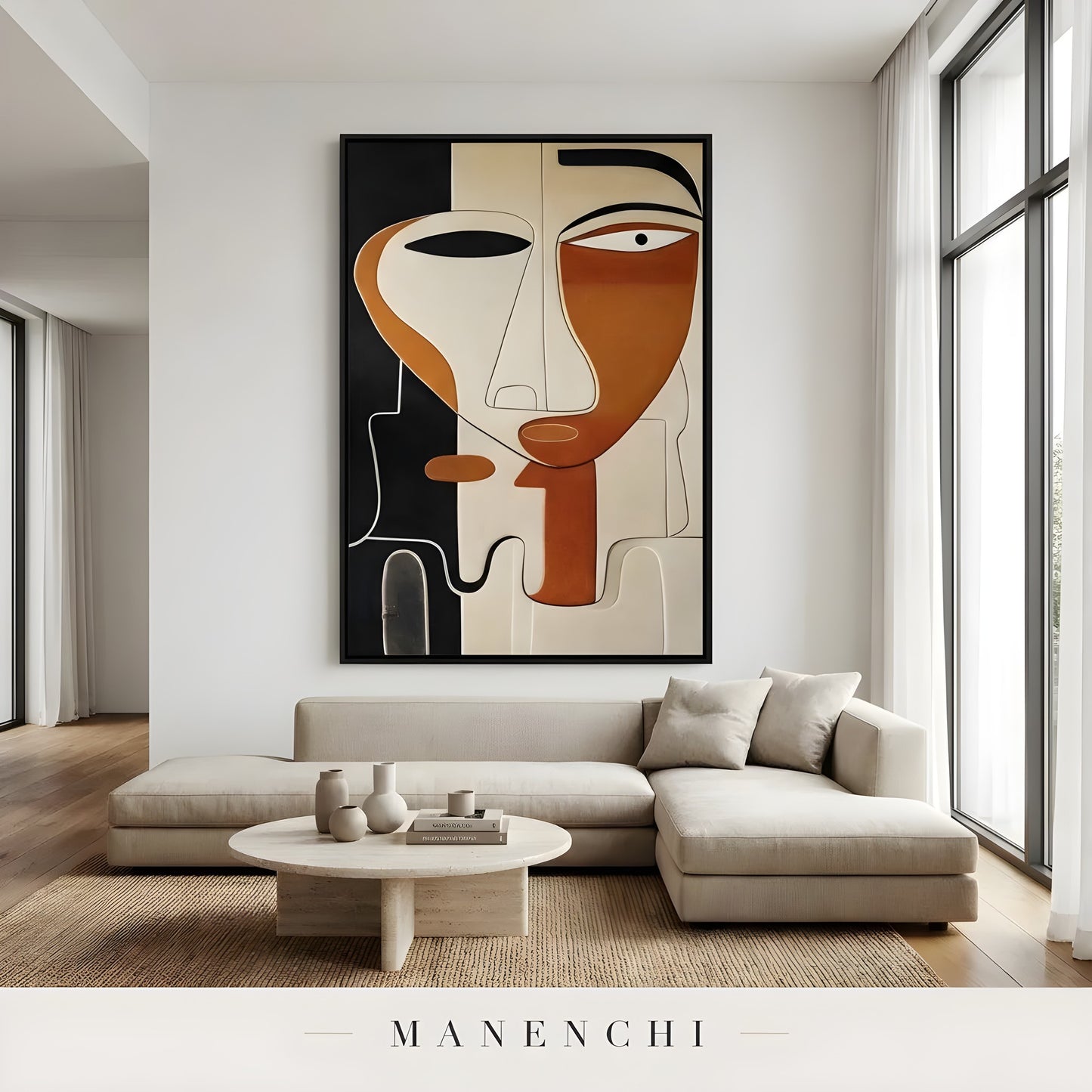 Mid-Century Cubist Persona portrait displayed in modern living room sofa