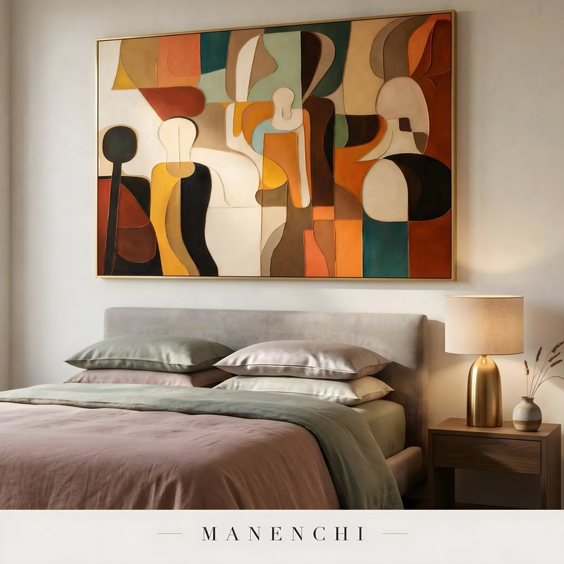 Mid-Century Geometric Resonance abstract painting displayed in bedroom with painting