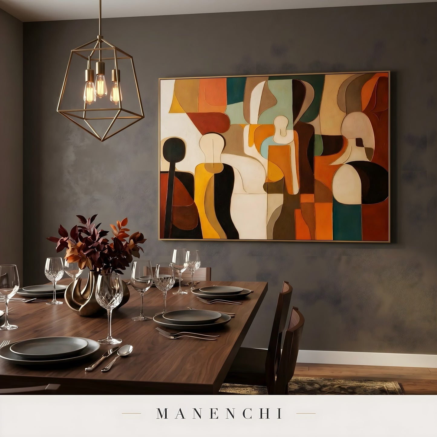 Mid-Century Geometric Resonance abstract painting displayed in dining room interior