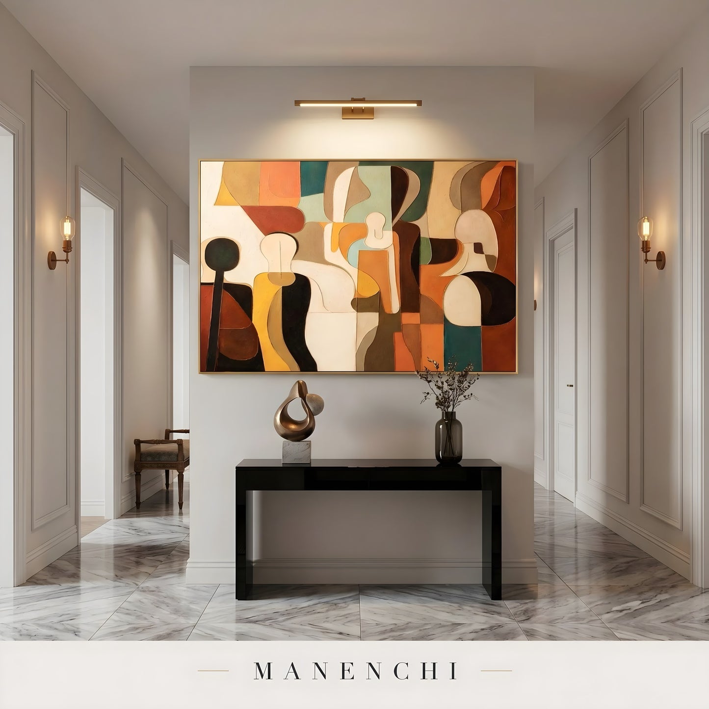 Mid-Century Geometric Resonance abstract painting displayed in entryway hallway display