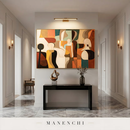 Mid-Century Geometric Resonance abstract painting displayed in entryway hallway display