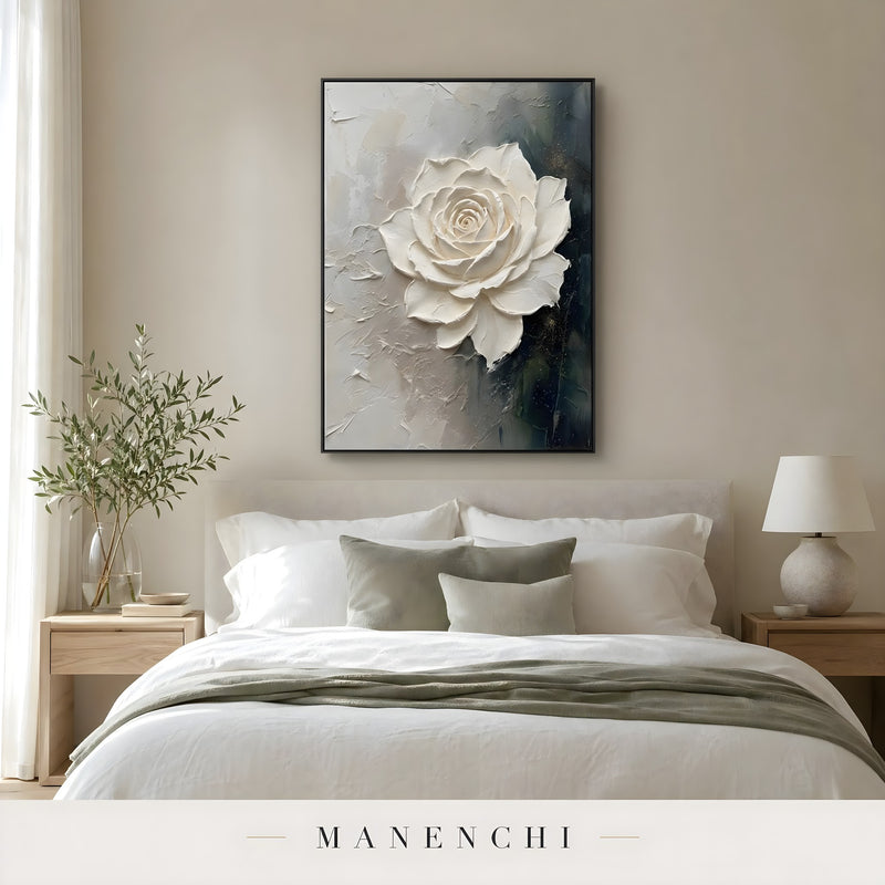 Midnight Botanical Bloom abstract painting displayed in bedroom