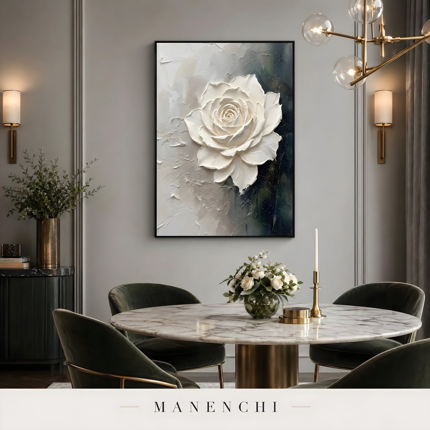 Midnight Botanical Bloom abstract painting displayed in dining room