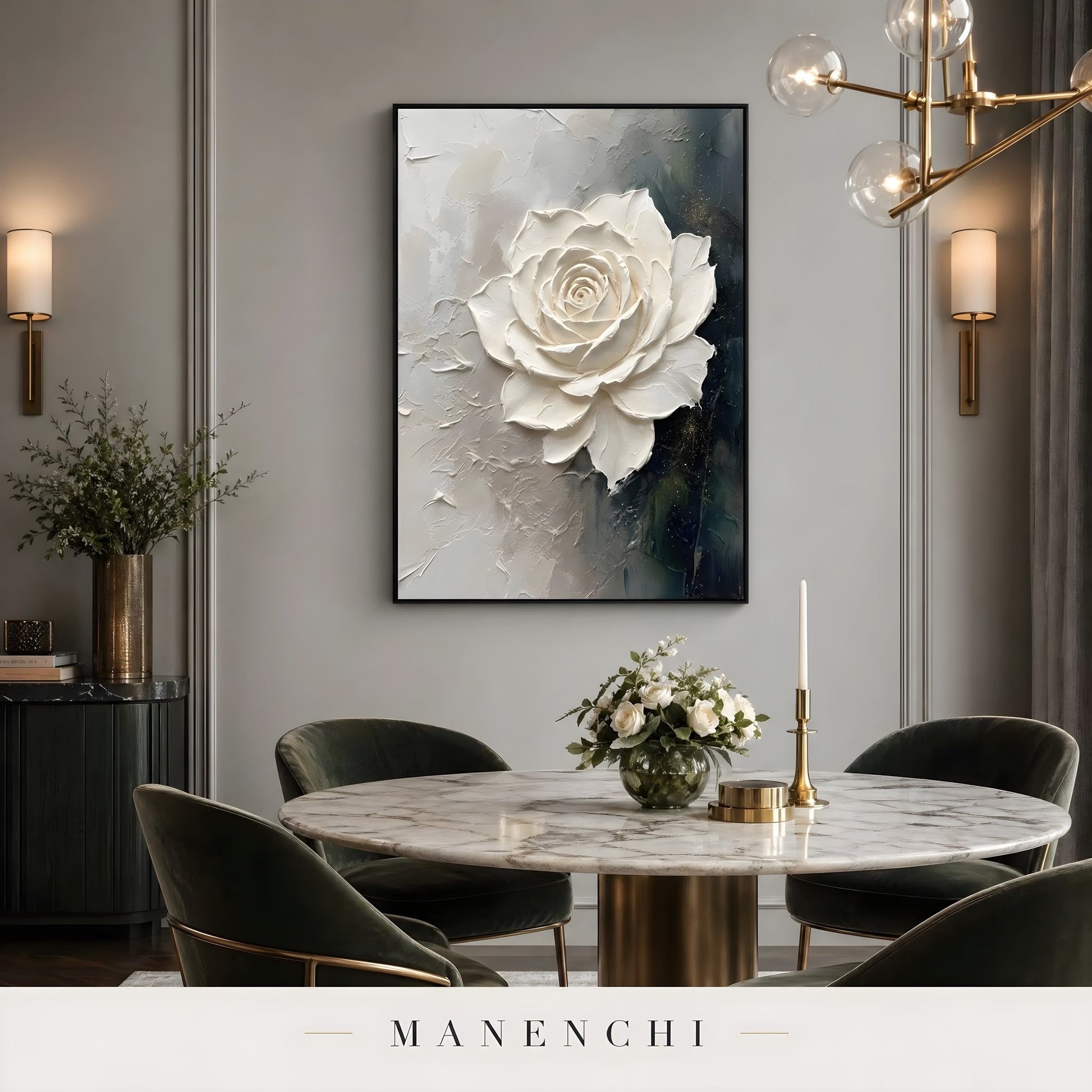 Midnight Botanical Bloom abstract painting displayed in dining room