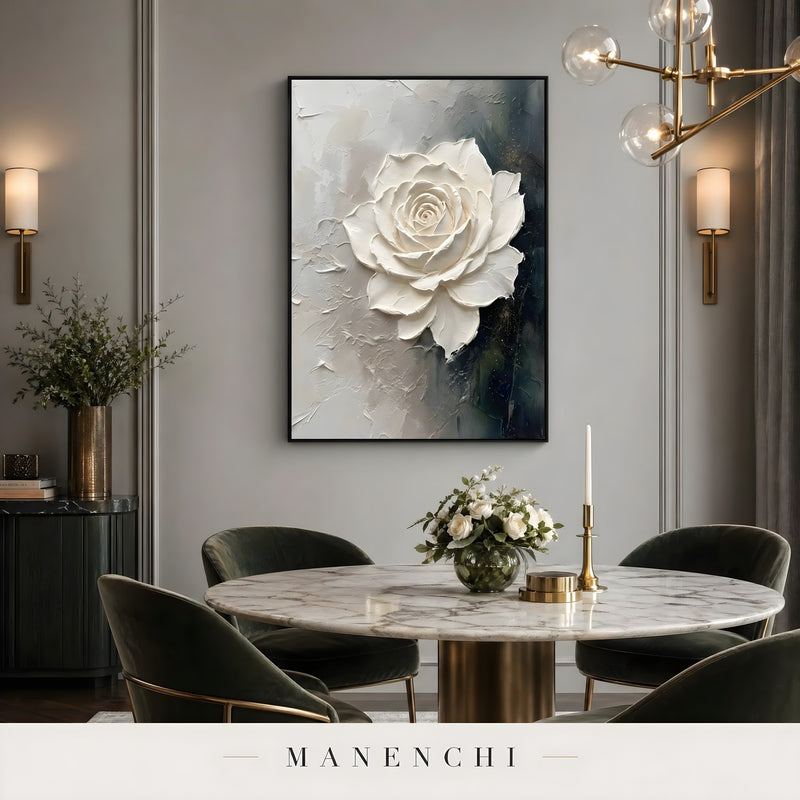 Midnight Botanical Bloom abstract painting displayed in dining room