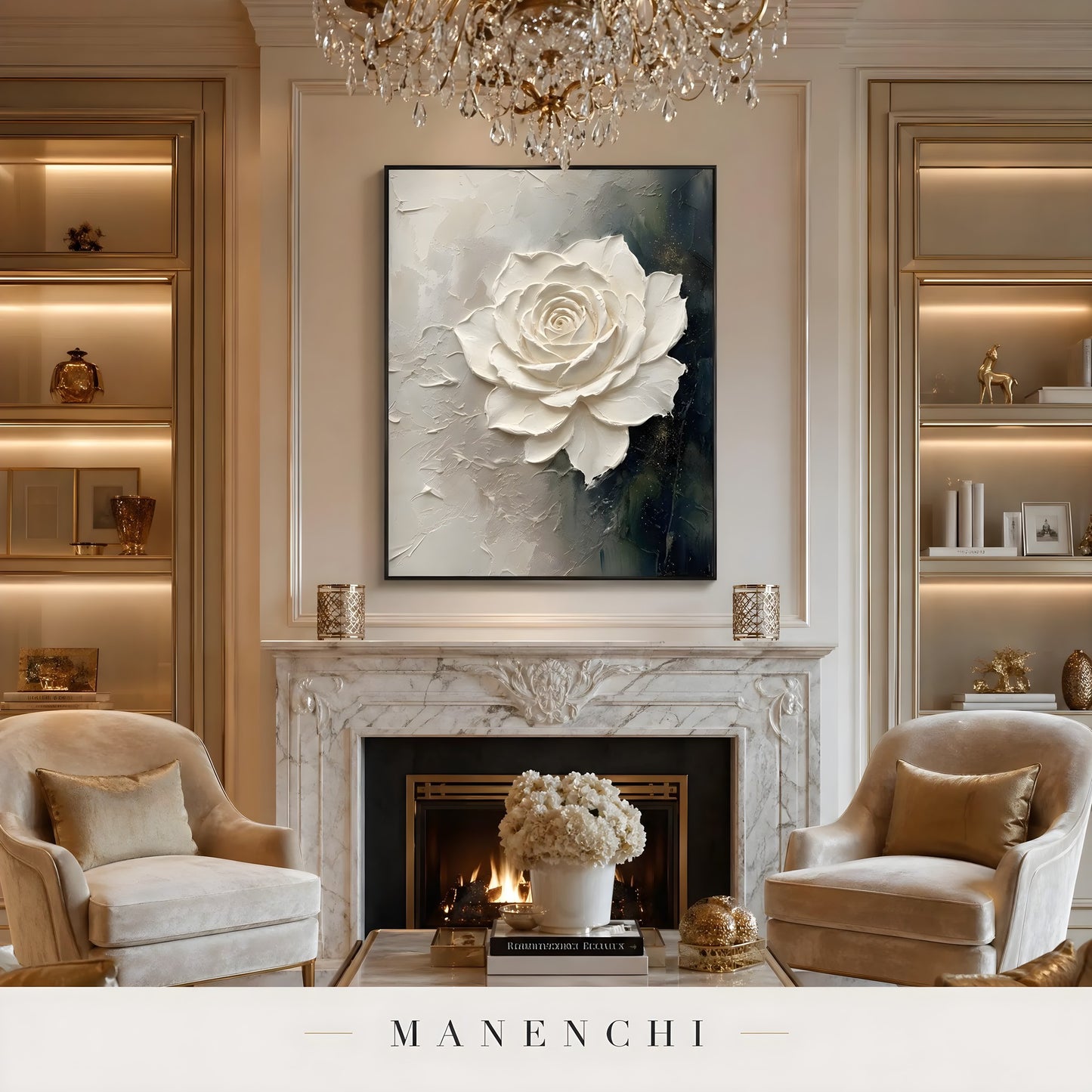 Midnight Botanical Bloom abstract painting displayed in fireplace living area