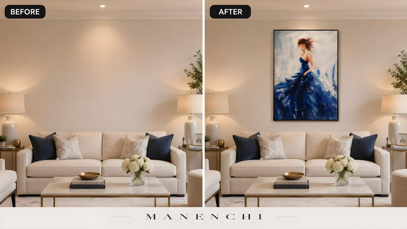Midnight Gala Silhouette original hand-painted portrait, before and after in a styled room
